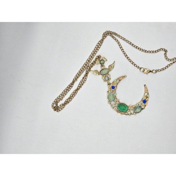 Pendant Necklace Golden Filigree Big Crescent Moon Green Blue Rhinestones - Picture 3 of 5